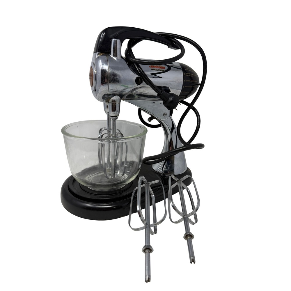 Vintage Sunbeam Mixmaster Stand Mixer Chrome Black with Glass Bowl and Beaters